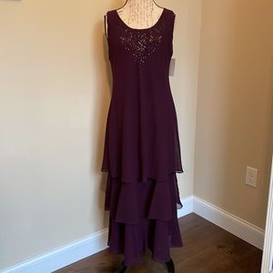 R&M Richards Plum Tiered Evening Dress with Beaded Bodice